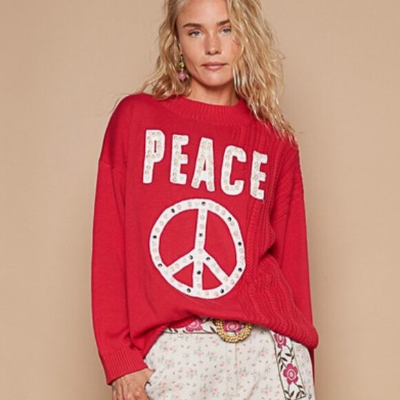 POL Red Peace Patch Sweater with Pearl and Stud Details - Picture 3 of 7
